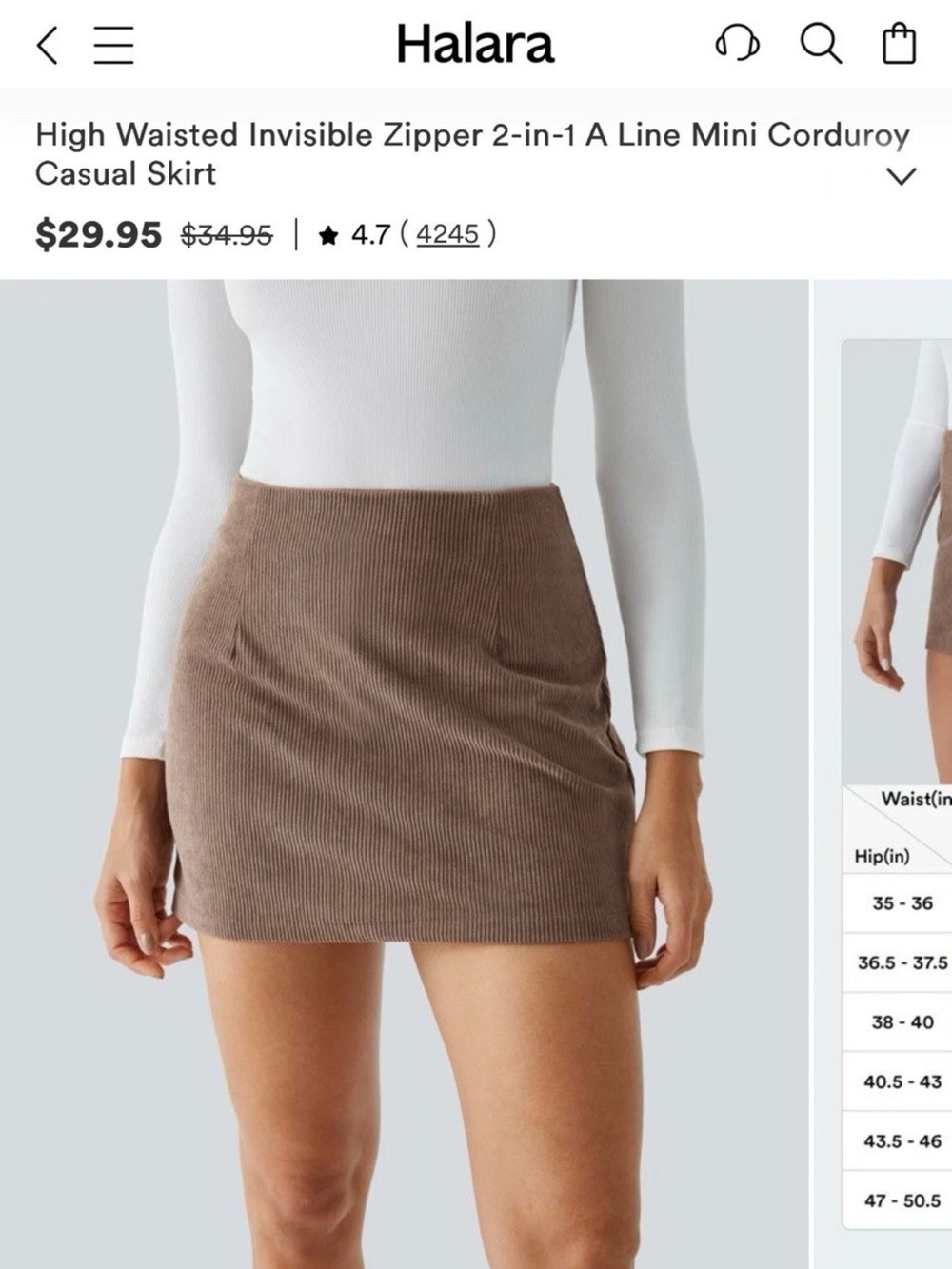 Halara Brown High Waisted Back Zipper 2-in-1 Corduroy A-Line Casual Mini Skirt-M